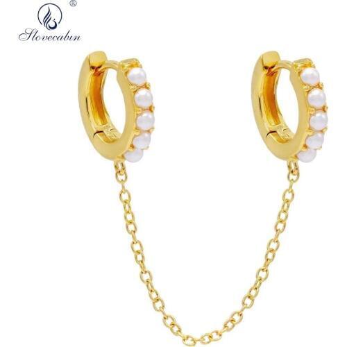 Slovecabin Original 925 Sterling Silver Pearl Chain Double Huggies Hoop Earrings Piercing Wedding Ear Cuff Women Fine Jewelry