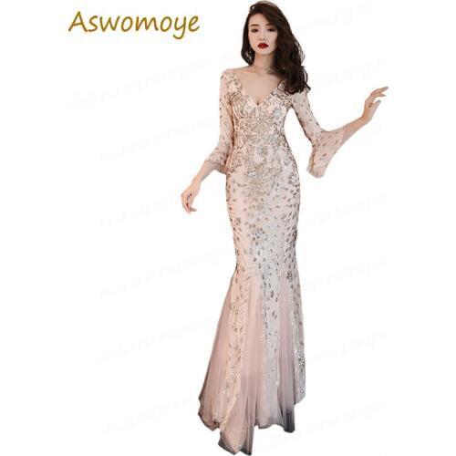 Gorgeous Appliques Sequins Mermaid Evening Dresses 2018 Haute Couture Sexy V-Neck Party Dress vestido de festa