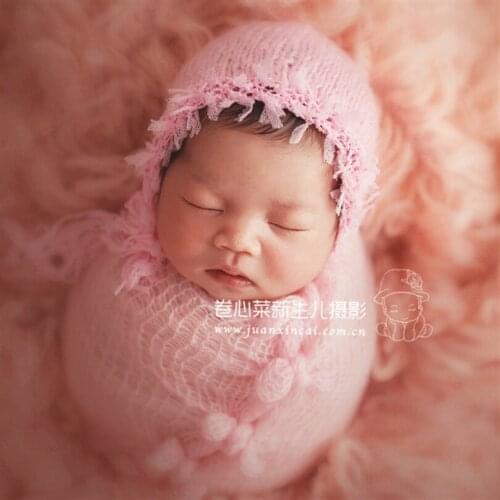 Vintage Newborn Girl Hat Mohair Silk Baby Photography Hat Knitted Chunky Bonnet Neutral Cap Photo Props Infant Beanie