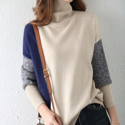 Color-blocking turtleneck pullover Wool sweater women loose thick split mid-length knitted bottoming shirt for outer wear