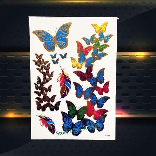 Papillon Waterproof Temporary Tattoo Gold Blue Butterfly 21x15CM Children Cartoon Flash Tattoo Women Body Back Art Sticker
