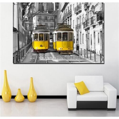 Yellow Tram Lisbon Trams Poster Lack And White Paintings On Canvas Modern Art Decorative Wall Pictures Home Decoration