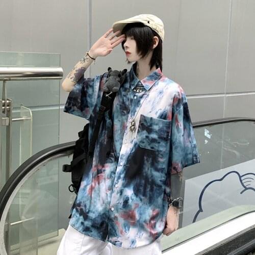 Summer Lady Tie Dye Printed Street Shirts Vintage Women Gothic Cool Loose Shirt Short Sleeve Single Breasted Lapel Collar Tops