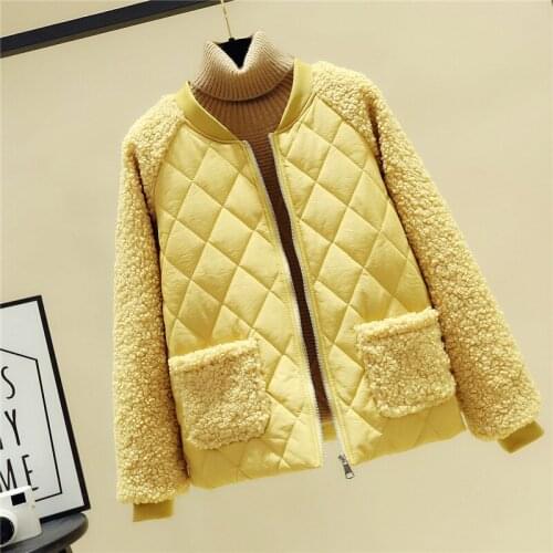 Womens Winter Jacket New Lamb Plush Patchwork Cotton Padded Coat Thick Warm Short Zipper Loose Female Parkas Jacket 3XL A135