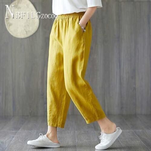 Elastic Waist Pocket Ankle Length Women Radish Pants Cotton Linen Female Trousers