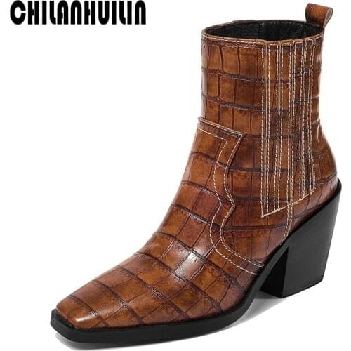 Retro print leather westren boots women shoes high heels ankle boots pointed toe short boots ladies autumn winter botas mujer