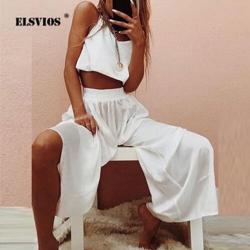 Summer Women Casual Two Piece Set Pants Suit V Neck Spaghetti Strap Top And Long Wide Leg Pants Suit New Spring 2021 2 Piece Set