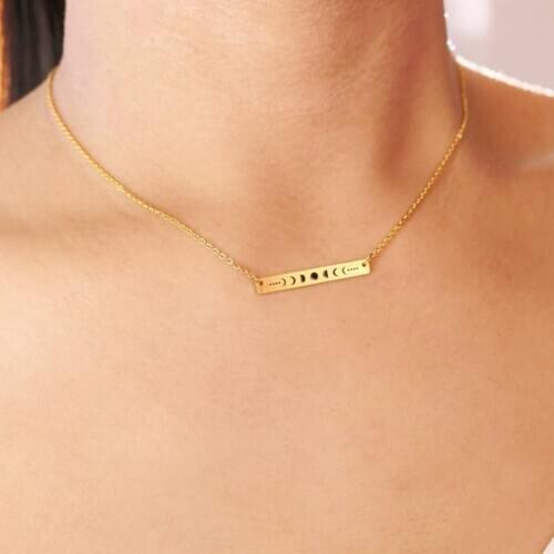Moon Phase Statement Necklaces Pendants Women Gold Color Long Bar Lunar Talisman Gifts Stainless Steel Wiccan Jewelry