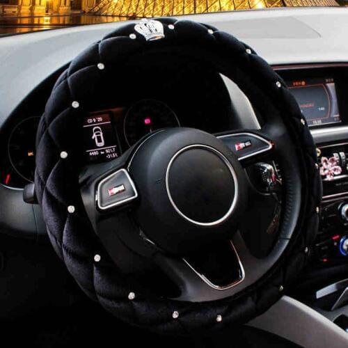 Winter Steering Wheel Cover Diamond Crystal Crown Auto Plush Fur Steering-Wheel Covers Cases Black For Women Girls Car-Styling
