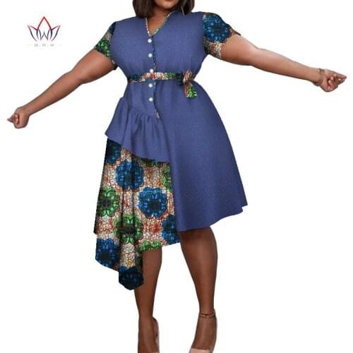 African Short Sleeve Dresses for Women Dashiki Print Bazin Riche Women Dresses Vestidos Women African Clothing Knee LengthWY8417