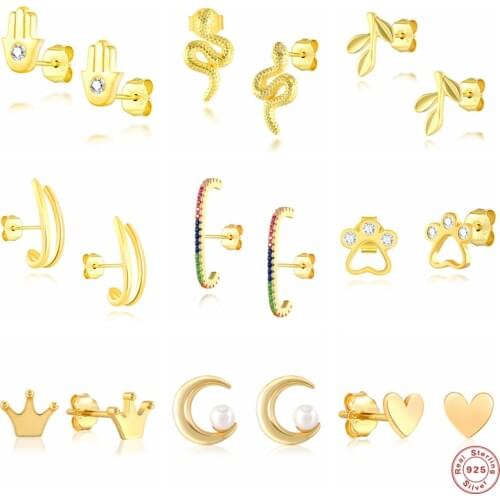 Aide 925 Sterling Silver Various Moon Star Snake Shaped Stud Earrings For Women Cubic Zirconia Jeweled Crown Ear Stud Jewelry