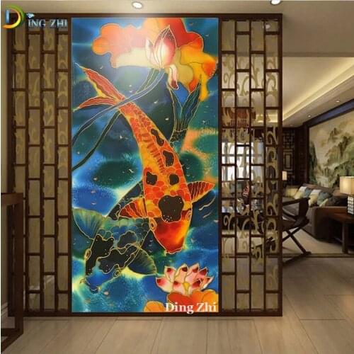 Large Size 5D Diy Diamond Painting Chinese Style Koi Lotus Full Square Round Drill Mosaic Embroidery Cross Stitch Decor Poster