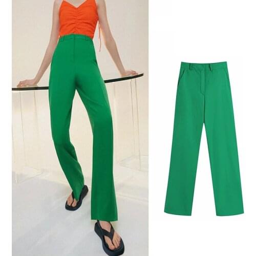TRAF Straight Za Women Fashion Green Pants Side Pockets Vintage High Waist Zipper Fly Female Casual Trousers Mujer P6308