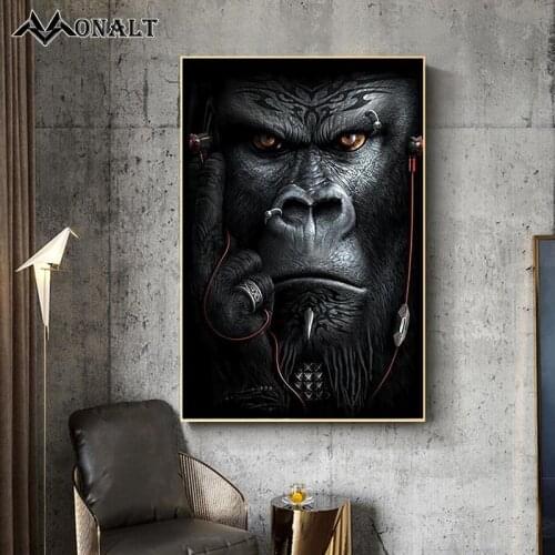 Black Gorilla Tattooed Monkey Headphones Listening Music Animal Canvas Painting Abstract Art Poster Funny Pop Modern Hoom Decor