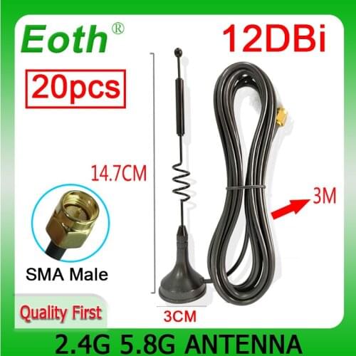 20pcs 2.4g 5.8G wifi antenna IOT 600-6000 frequency 12dbi High gain Magnetic SMA male iot antena antenna booster with 3m cable