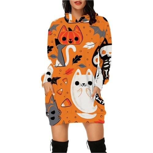 Kawaii Womens Halloween Dresses cute cat print hooded Dresses Long Sleeve Bag Hip Pocket Thin Fashion party Dress vestidos robe