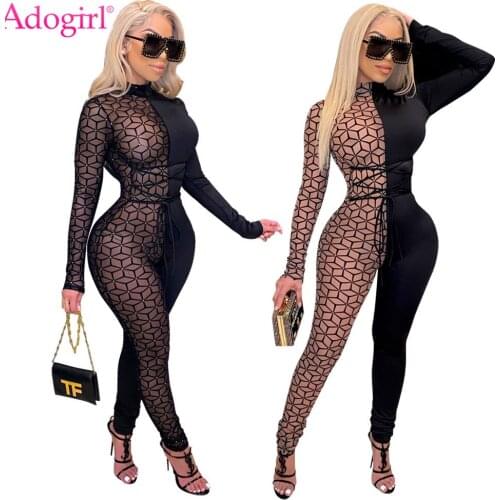 Adogirl Women Sexy Sheer Mesh Patchwork Tie Jumpsuit Turtleneck Long Sleeve Slim One Piece Overall Night Club Party Romper