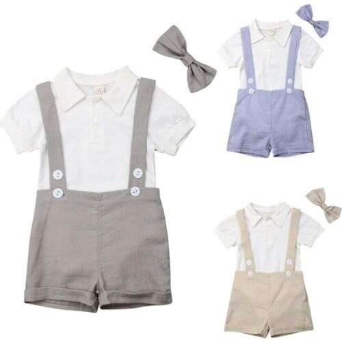 Infant Baby Boy Gentleman Clothes Set 3Pcs Party Formal Outfits Newborn Baby Boy Short Sleeve Tops Romper&Suspenders Shorts 0-2Y
