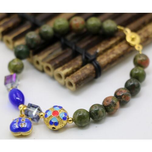 Original design natural unakite 8mm round beads bracelet women elegant crystal cast eyes cloisonne fashion jewelry 7.5inch B2943