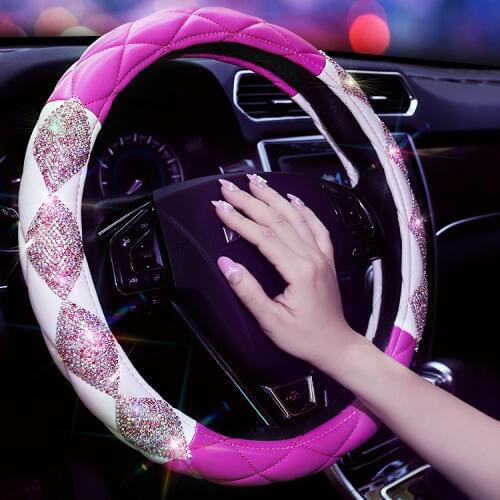 Luxury Crystal Car Steering Wheel Covers Leather Rhinestone Diamond Covered Steering-Wheel Interior Accessories for Women Girls