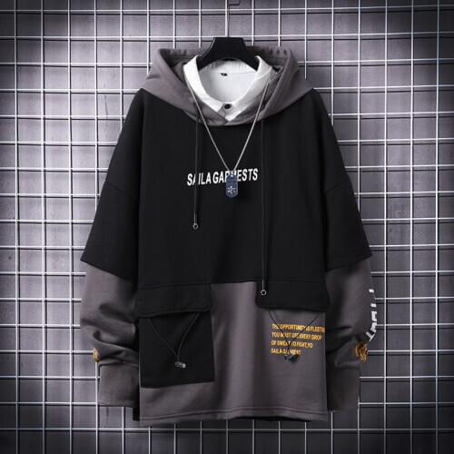 Kpop Loose Hooded Sweater Mens Hip Hop Fake Two Pieces Hoodies Sweatshirts Long Sleeve Mens Stitching Black Hoodie Streetwear