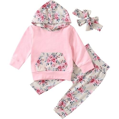 Infant Newborn Baby Girl Hooded Top, Trousers Suit, Flower Printed V-Neck Long Sleeve Front Pocket Shirt, Loose Pants Headband