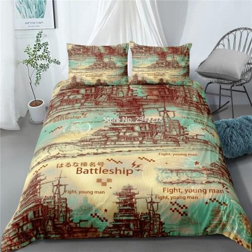 Boys' Bedroom Decoration Home Textile Retro Battleship Pattern Majestic Giant Bedding Set Stylish Duvet Quilt Cover Pillowcase