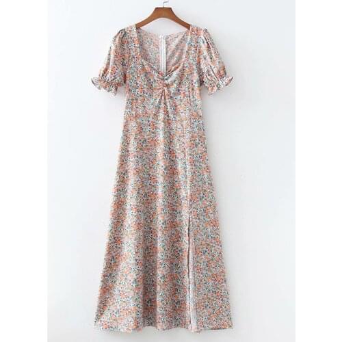 YENKYE Summer 2021 Women Vintage Floral Print Long Dress Sexy Draped V Neck Short Sleeve Slits Ladies Dress Female Holiday Robe