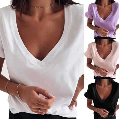 New 2020 Women Summer Loose T Shirt Casual Summer V Neck Ruffled Short Sleeve Bottoming Top T-shirt Blouse 2XL Vintage T-Shirts