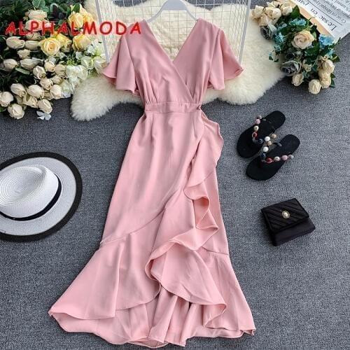 ALPHALMODA 2019 Summer V-neck Short-sleeved Ruffled Dress Solid Color High Waist Female Graceful Chiffon Vestidos