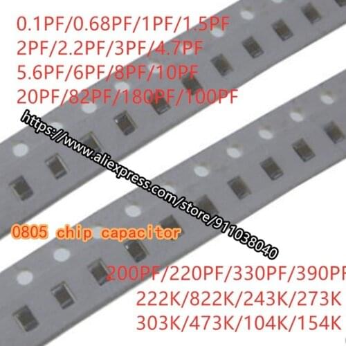 100PCS 0805 SMD Chip Capacitor 50V 0.1-910PF 0.68 0.82 1.1 1.3 1.6 1.8 2.2 3.3 3.6 3.9 6 9.1PF 10 20 22 33 68 82 390 330 820PF
