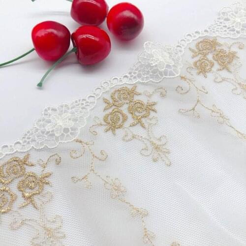 2Yards 17cm Soft Ivory Mesh Gold Thread Polyester Fabric Venise Lace Trim Embroidery Sewing Crafts Doll Material Lace Edge