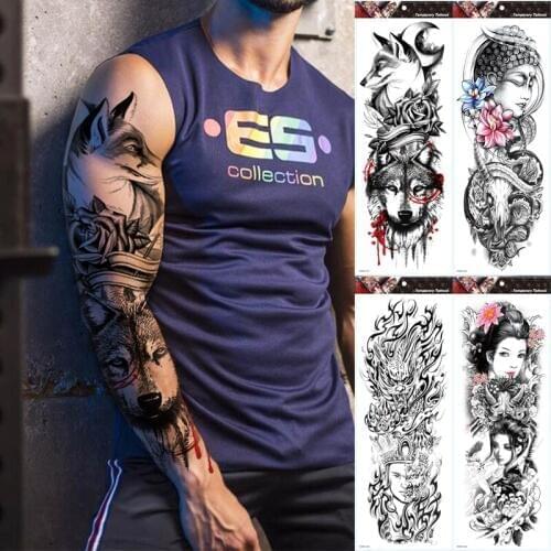 Large Arm Sleeve Tattoo Fox Crown Wolf King Waterproof Temporary Tatto Sticker Rose Clock Warrior Body Art Full Fake Tatoo