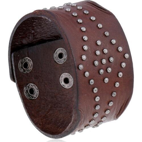 Punk Rock Gothic Wide Bracelet Cuff Black Rivets Charm Genuine Leather Biker Bangle Wristbands Vintage Women Men Fashion Jewelry