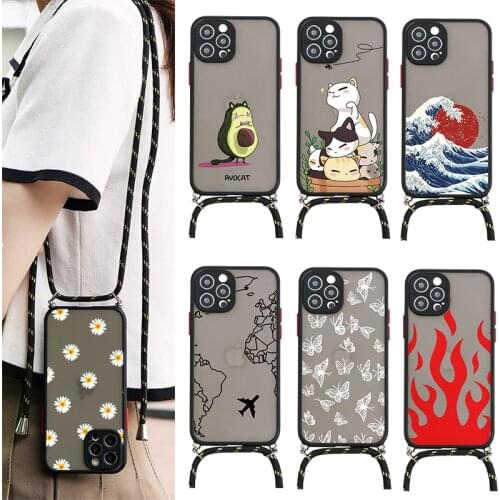 For Samsung Galaxy A52 A32 A72 A50 A51 A10 A11 A20e A21S A30 A41 A70 A71 A91 M31 Flower Necklace Lanyard Rope Hard PC Case Funda