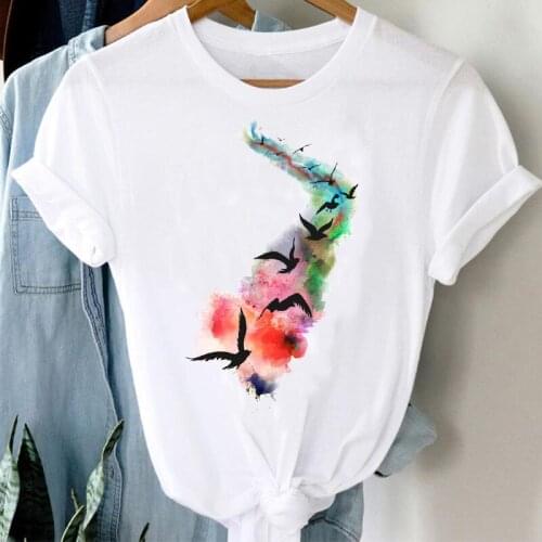 T-shirts Women Cartoon Watercolor Bird Cute Summer 90s Style Short Sleeve Graphic T Tshirt Top Lady Print Female Tee T-Shirt