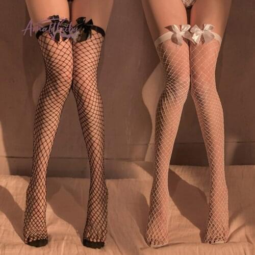 Kawaii Bow Fishnet Transparent Stockings Over Knee Black and White Sexy Suspender Tube Silk Thigh High Cute Pure Lovely Lolita