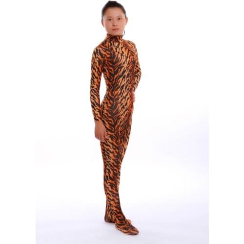 Kid Adult Tiger Stripe Pattern full body Unisex Spandex Skin Zentai Costumes Bodysuit leotard No Hood & Hands feets