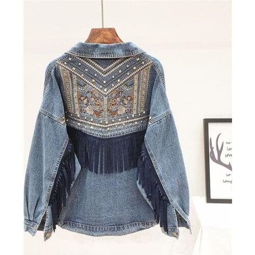 Denim Jacket Korean Floral Embroidery Suede Fringe Loose Chaquetas Mujer Coat Long Sleeve Outerwear Jacket Women Veste Femme