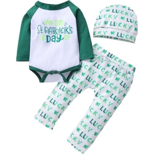 My First St. Patricks Day Baby Toddler Outfits Letters Printed Baby Boys Girls Clothes Set Letters Bodysuit Pants Hat 3pcs Sets