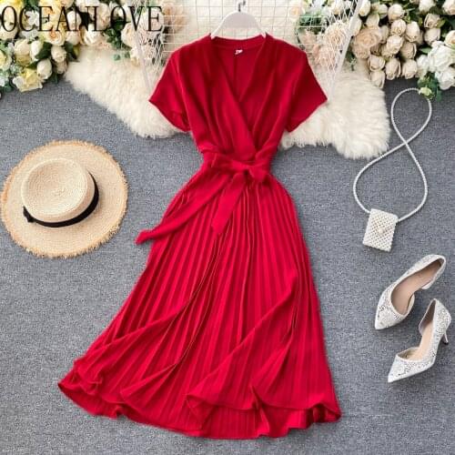 OCEANLOVE Bandage Women Dresses Bow Solid Pleated 2021 Spring Summer Vestidos High Waist A-line Short Sleeve Vestidos