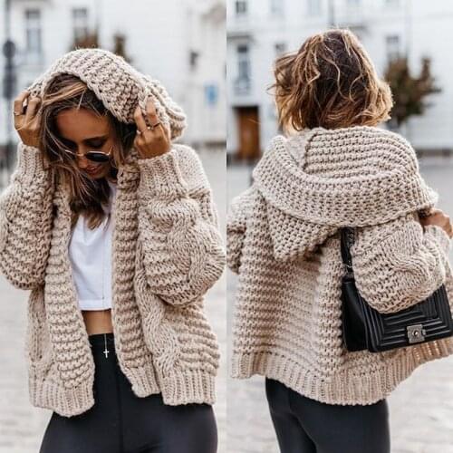 Solid Cardigan Knitted Outerwear Casual Winter Fashionable Hooded Sweaters 2021 Women Knitwears Autumn Womens Sweaters