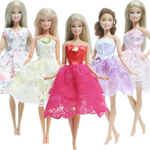 BJDBUS High Quality 5 Pcs/ Set Doll Dress Flower Pattern Blue Summer Party Mini Gown Lace Clothes for Barbie Doll Accessories
