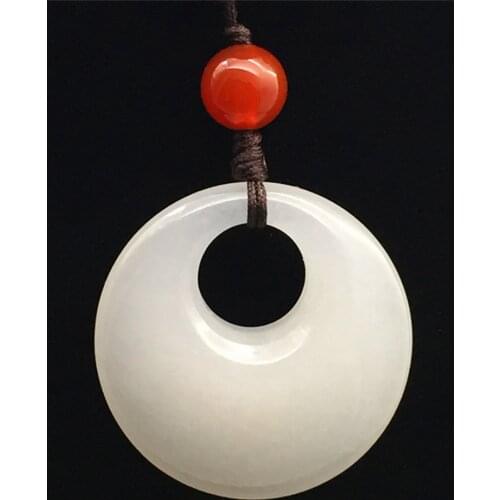 Natural White Jade Donut Necklace Pendant Hand Carved White Circle Gemstone Jewelry Necklace Lucky Amulet Pendant Fashion Gift