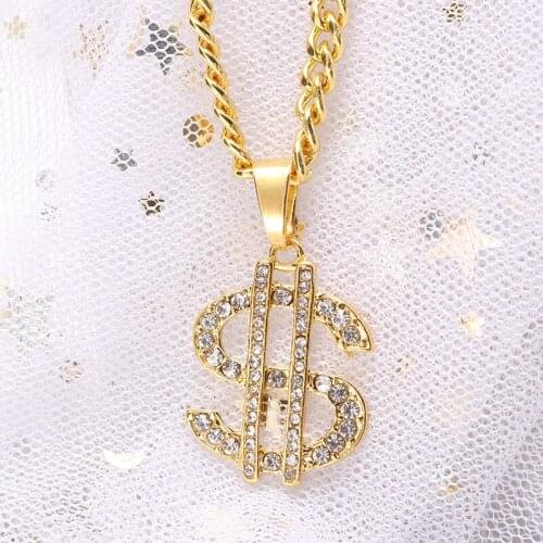 Luxury US Dollar Sign Money Crystal Pendant Necklace Charms Men Hip Hop Rock Jewelry Shellhard Gold Color Punk Link Chain 70cm