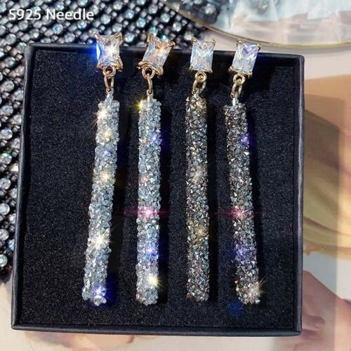 925 Sterling Silver Needle Long Dangle Earrings for Women Jewelry White Black Rhinestone Female Drop Tassel Earrings Bijoux