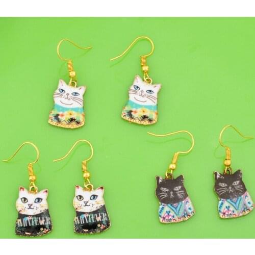 Gold metal enamel lacquer pussycat cat kitten earrings drop dangle earrings earing jewelry women boutique bijoux decoration