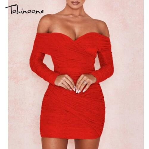 Tobinoone Sequined Slash Neck Red Sexy Autumn Christmas Dress Women Ruched Long Sleeve Mesh Draped Club Party Bodycon Dresses