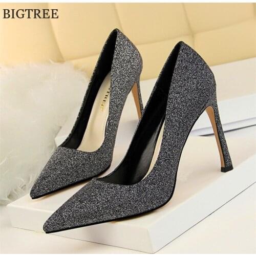 BIGTREE Thin Heel Female Dress Shoes Pointed Toe Women Pumps Shallow Fashion Sequined Cloth High Heels 10cm Womens Office Shoes