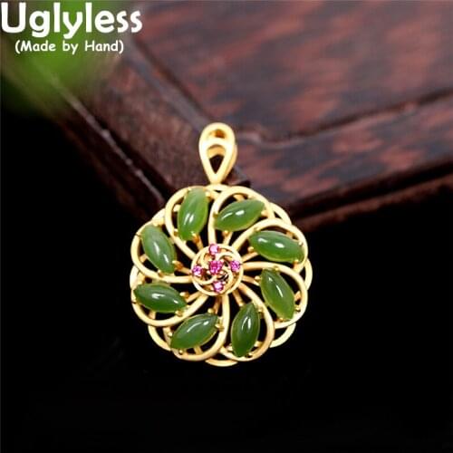 Uglyless GOOD LUCK Spinning Jasper Flower Necklaces for Women Hollow Gemstones Pendants +Chain 925 Silver Romantic Dress Jewelry